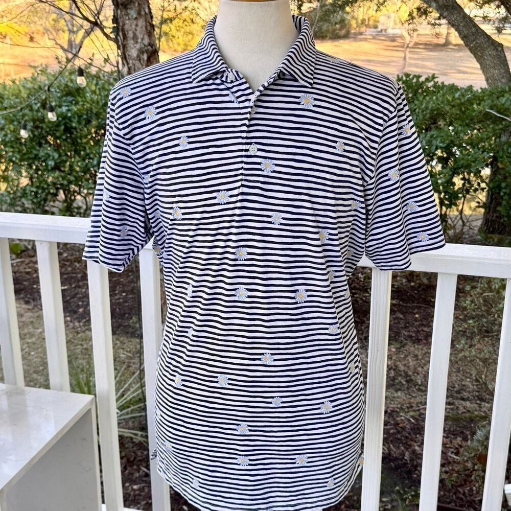 B. Draddy Striped Polo Shirt. Size Large. Navy/white.